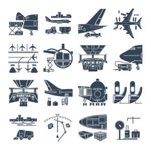 83097814 – set of black icons airport and airplane, freight, cargo aircraft Stylised view of symbols representing various Ground Handling Agent jobs at an airport