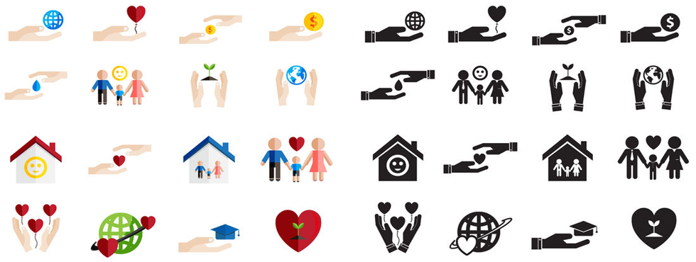 43394137 – various type of silhouette Various symbols on white background (e.g. hearts) - meant to signify humanitarian assistance