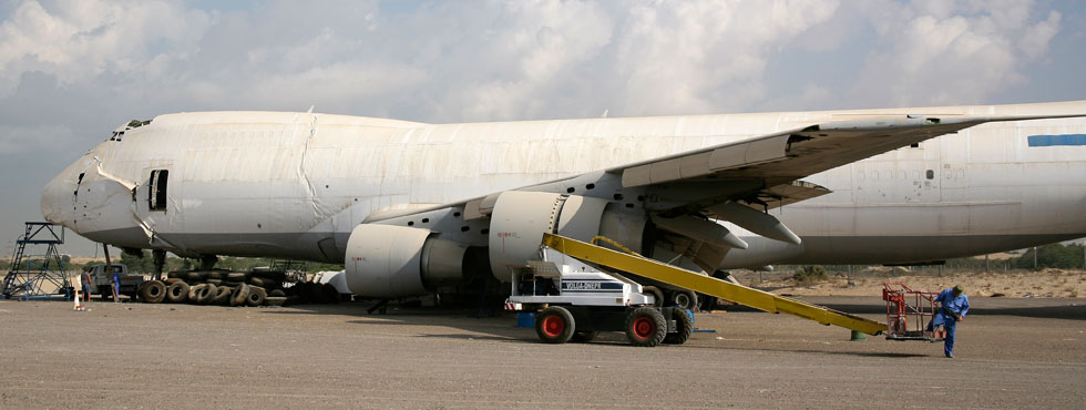 TI-GHA-INC-747F-Sharjah Image of damaged Boeing 747 freighter aircraft near Sharjah, UAE