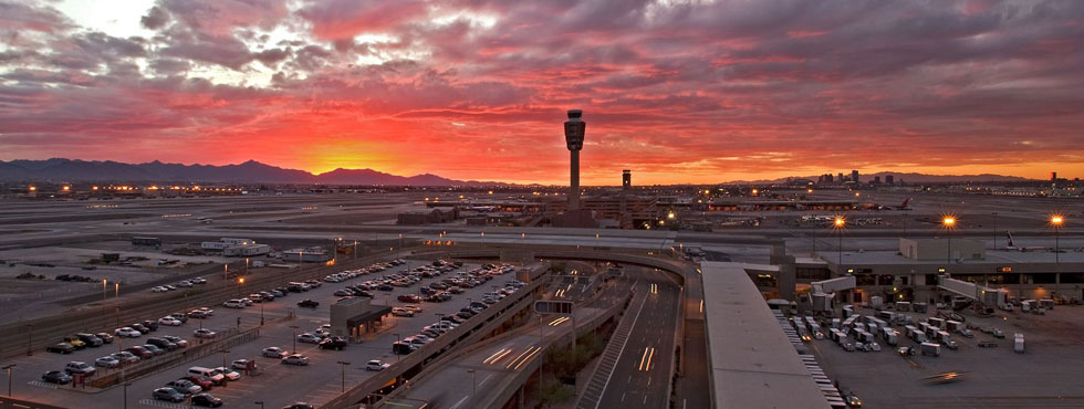 Sunset view of major, commercial airport
