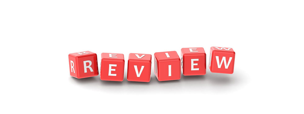 Word 'REVIEW' printed in white on 6 red dice - set against a white background