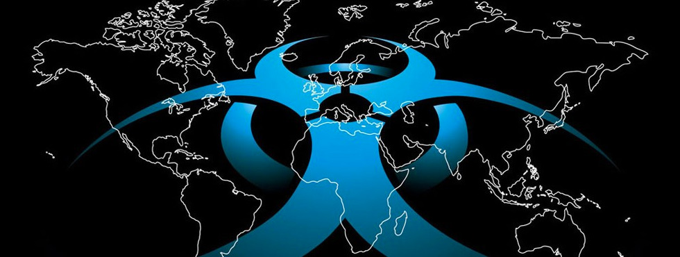 aaaa Stylised world map with Biohazard symbol superimposed on it